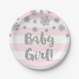 Winter Baby Shower Plate Pink Stripes Silver Snow
