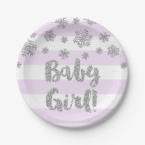 Winter Baby Shower Plate Purple Stripe Silver Snow