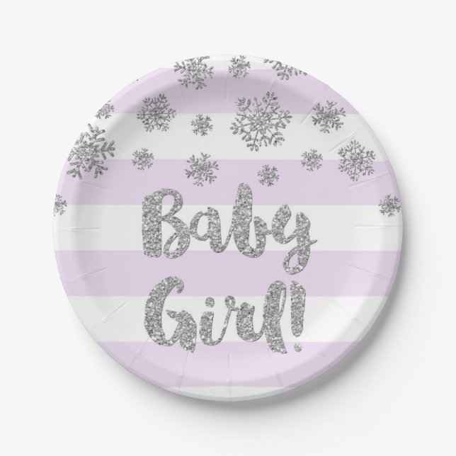 Winter Baby Shower Plate Purple Stripe Silver Snow (Front)