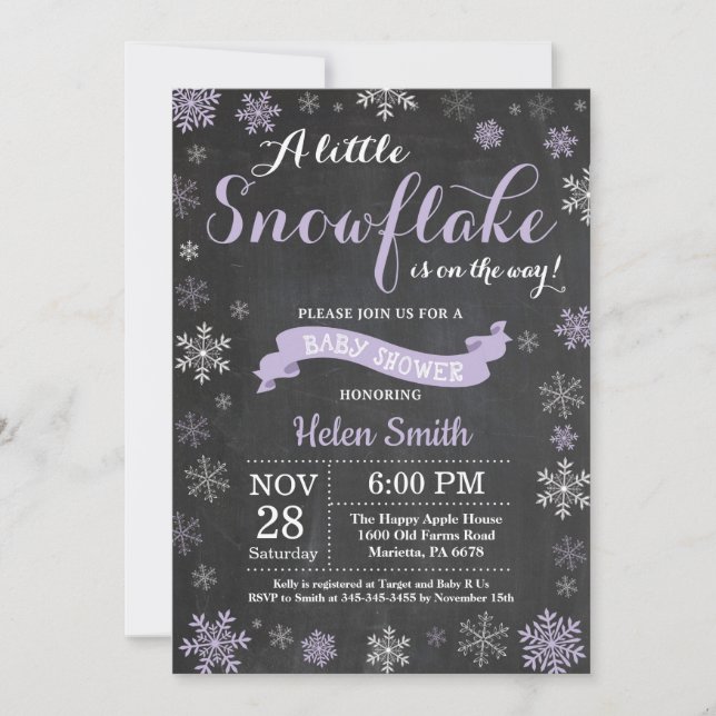 Winter Baby Shower Purple Snowflake Chalkboard Invitation (Front)