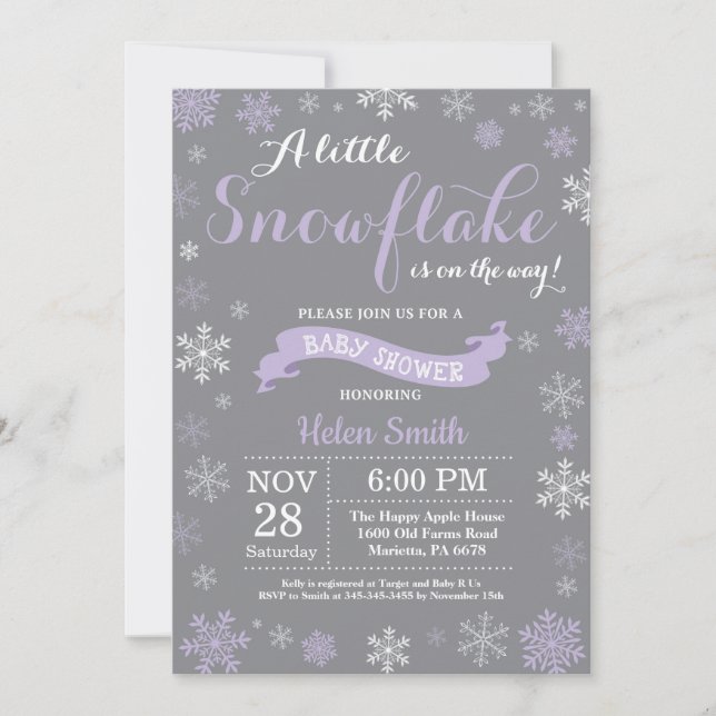 Winter Baby Shower Purple White and Gray Snowflake Invitation (Front)