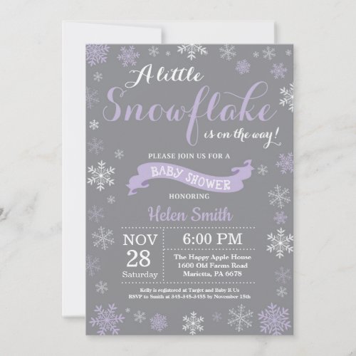 Winter Baby Shower Purple White and Gray Snowflake Invitation