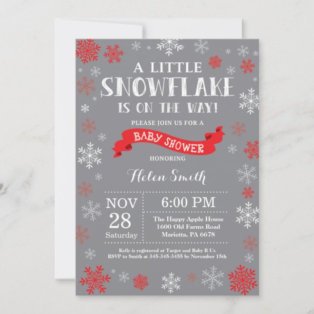Winter Baby Shower Red White and Gray Snowflake Invitation (Front)