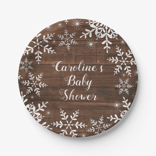 Winter Baby Shower Rustic Snowflakes Paper Plates (Front)