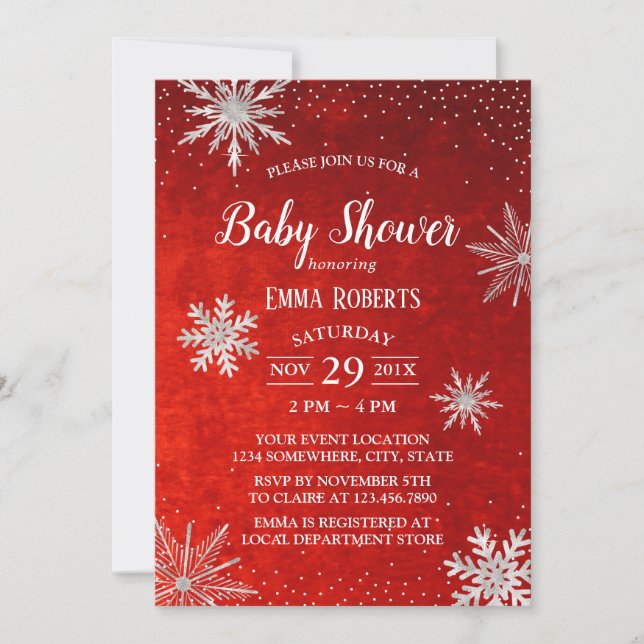 Winter Baby Shower Silver Snowflakes Elegant Red Invitation (Front)