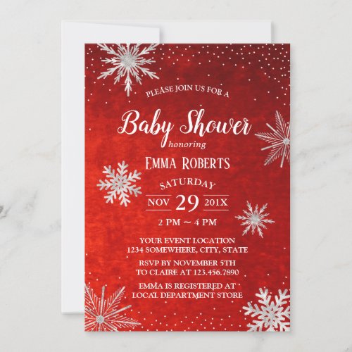 Winter Baby Shower Silver Snowflakes Elegant Red Invitation