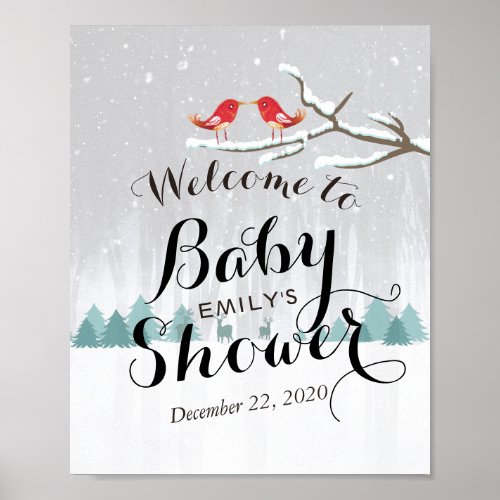 Winter Baby Shower Snow Bird Reindeer Welcome Poster