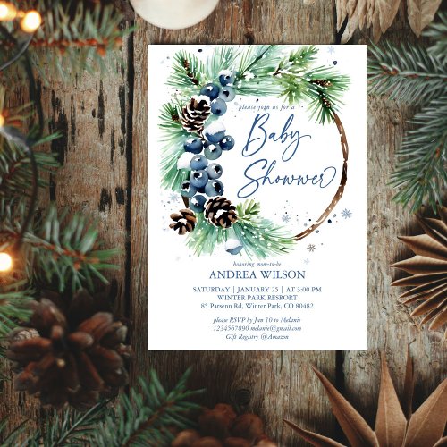 Winter baby shower snowy pines wreath dusty blue invitation