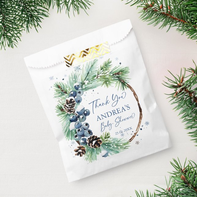Winter baby shower snowy pines wreath favor bag (Winter baby shower snowy pines wreath favor bag watercolor blue winter berries pine cones )