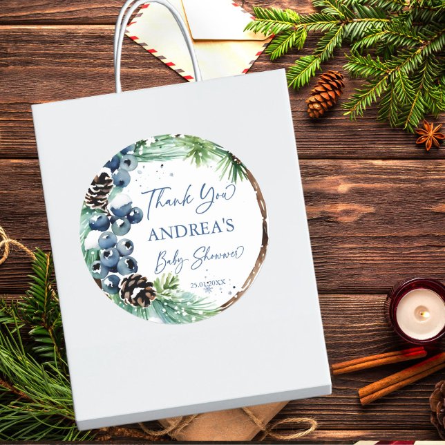 Winter baby shower snowy pines wreath favor classic round sticker (Winter baby shower snowy pines wreath with blue winter berries favor sticker thank you stickers)