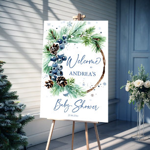Winter baby shower snowy pines wreath welcome sign
