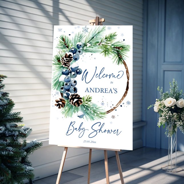 Winter baby shower snowy pines wreath welcome sign (Winter baby shower snowy pines wreath personalized welcome sign board gender neutral baby shower)