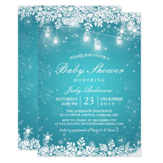 Winter Baby Shower Turquoise Mason Jar Lights Invitation