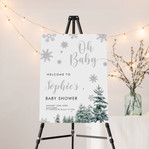 Winter baby shower welcome sign silver glitter