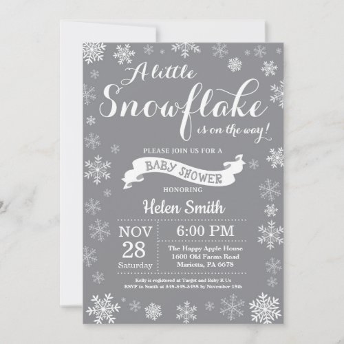 Winter Baby Shower White and Gray Snowflake Invitation