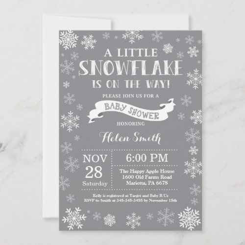 Winter Baby Shower White and Gray Snowflake Invitation