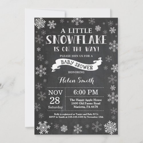 Winter Baby Shower White Snowflake Chalkboard Invitation