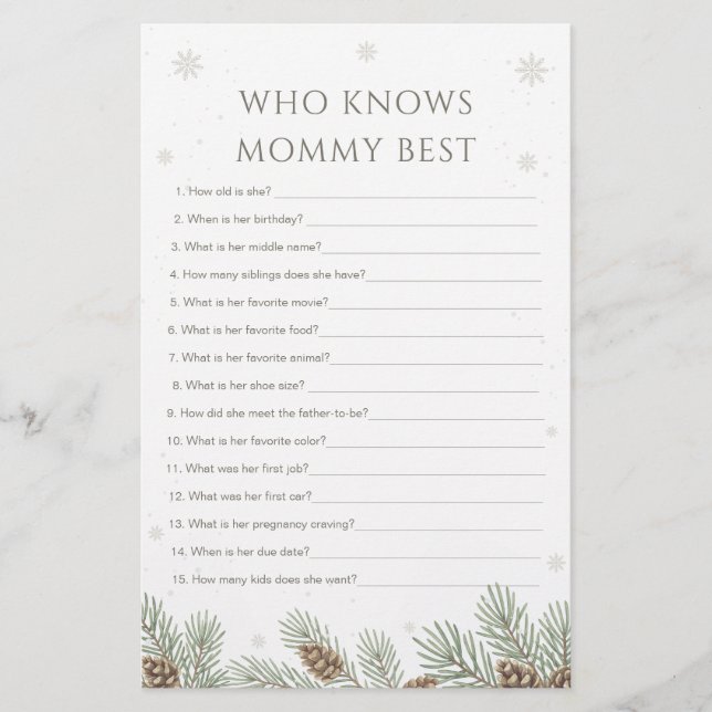 Winter Baby Shower Who Knows Mommy Best Game (Front)