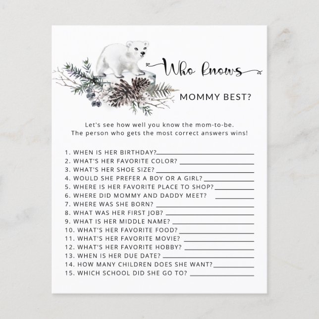 Winter baby Shower Who knows mommy best game (Front)