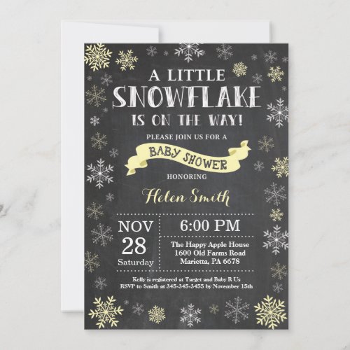 Winter Baby Shower Yellow Snowflake Chalkboard Invitation