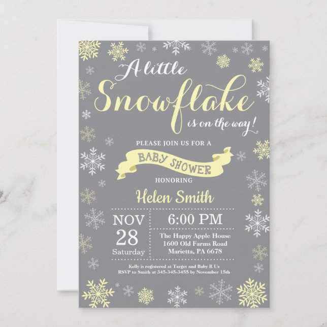 Winter Baby Shower Yellow White and Gray Snowflake Invitation (Front)