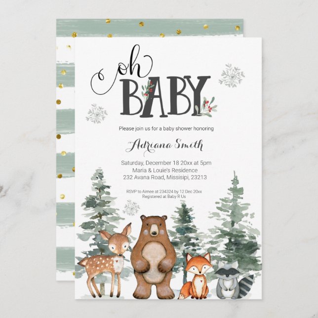Winter baby woodland baby shower invitation (Front/Back)