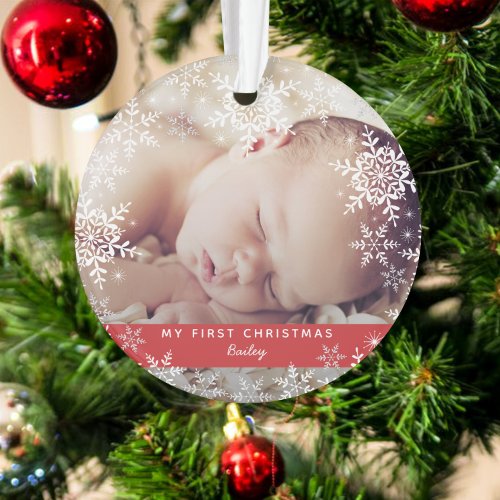 Winter Babys First Christmas Snowflakes on Red Ornament