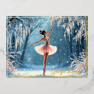 Winter ballet ice dance frosty forest view foil invitation postcard