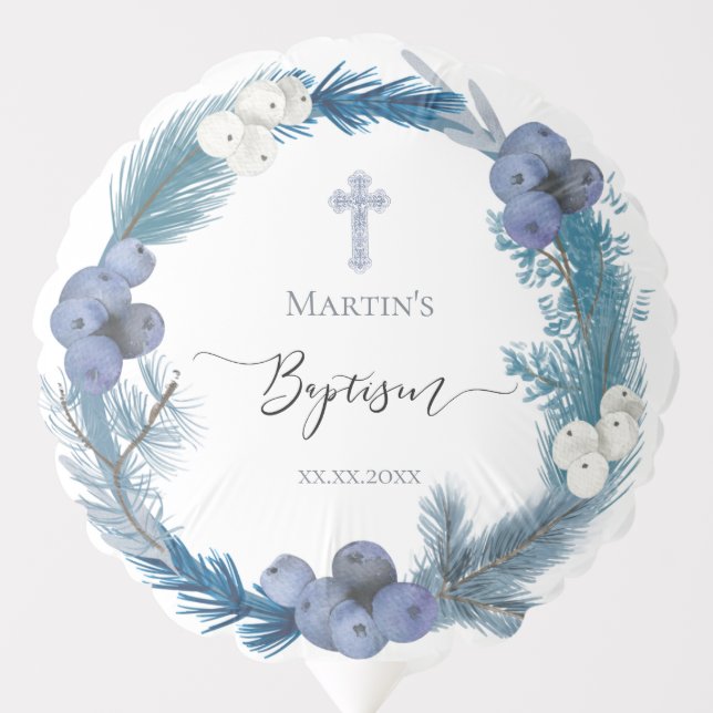 winter Baptism blue wreath balloon (Front)
