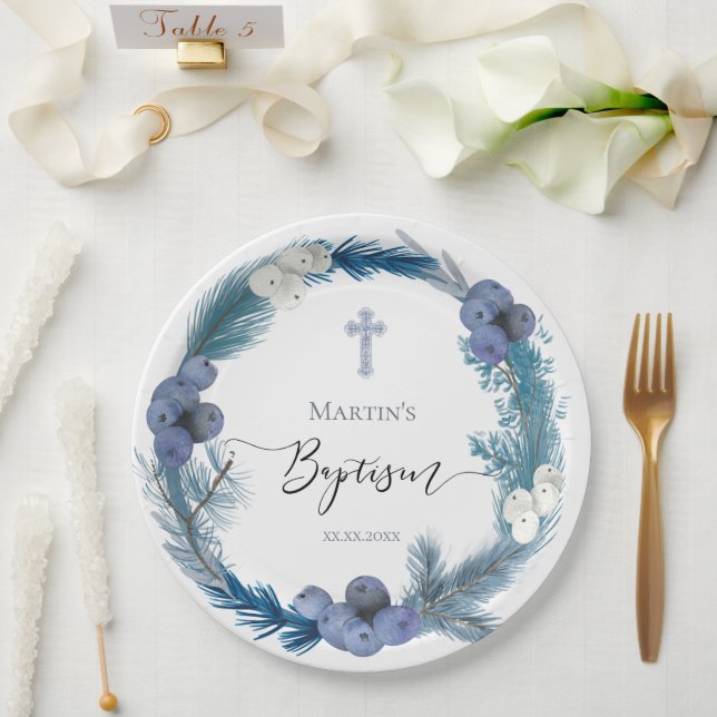 winter Baptism blue wreath Paper Plates (Wedding)