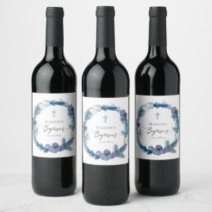 winter Baptism blue wreath Wine Label