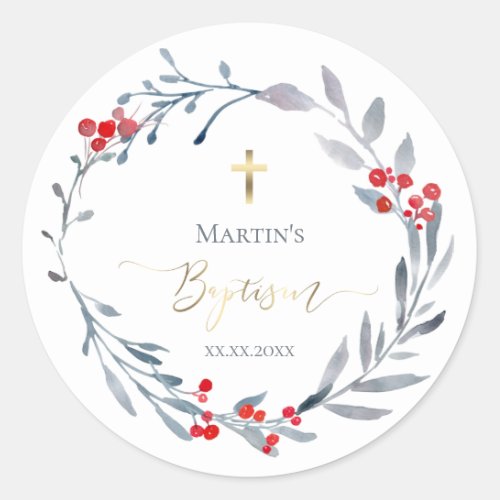 winter Baptism boy Classic Round Sticker