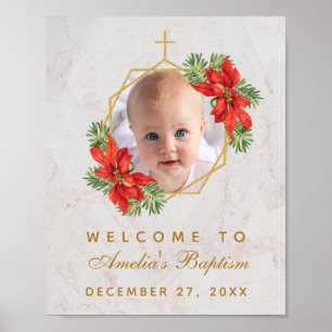 Winter Baptism Photo Poinsettia Gold Welcome Sign