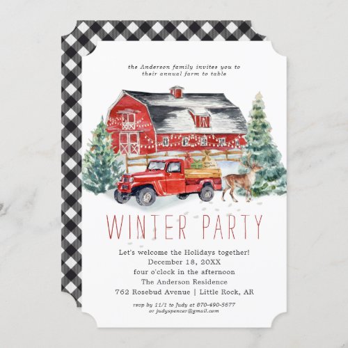 Winter Barn Christmas Holiday Dinner Party Invitation