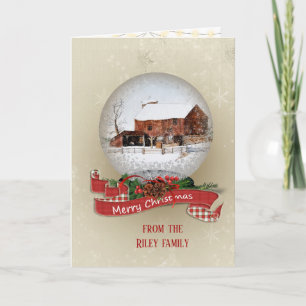 winter barn in snow globe holiday card