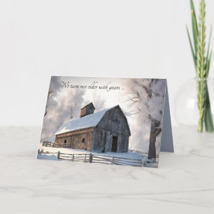 Winter Barn In Snowflakes Birthday Card