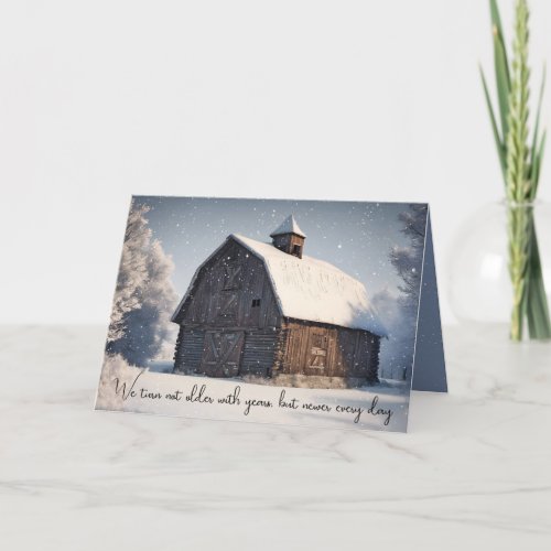 Winter Barn In Snowflakes Birthday Card