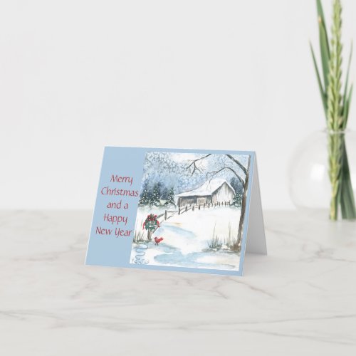 Winter Barn Scene wreath on post and cardinal Holiday Card