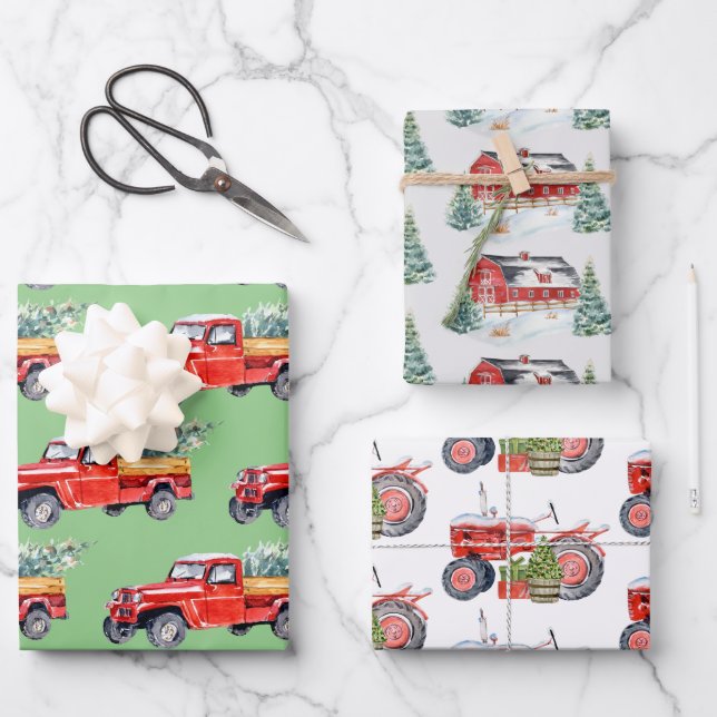 Winter Barn Tractor & Truck Trio Wrapping Paper Sheets (Front)