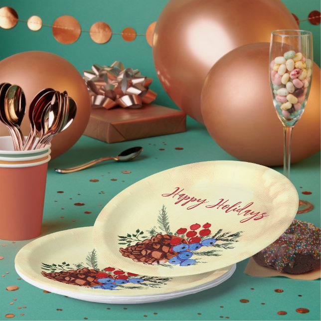 Winter Barries Cone Merry Christmas Trees Yellow Paper Plates (Multi)