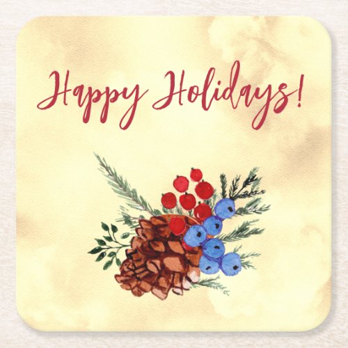 Winter Barries Happy Holidays Trees Yellow Red Square Paper Coaster