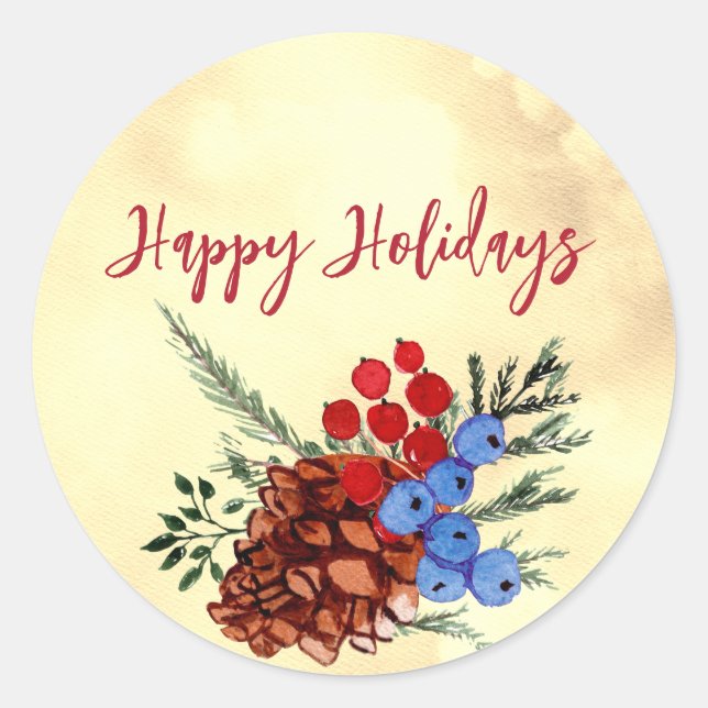 Winter Barries Merry Christmas Trees Yellow Red  Classic Round Sticker (Front)
