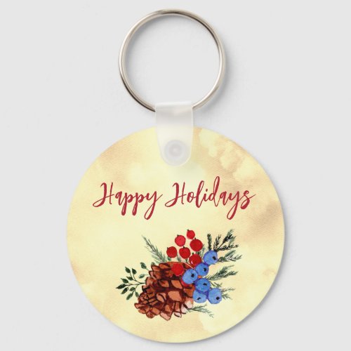 Winter Barries Merry Christmas Trees Yellow Red Keychain