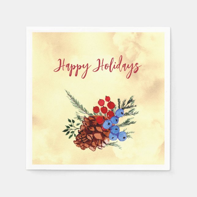 Winter Barries Merry Christmas Trees Yellow Red Napkins (Front)