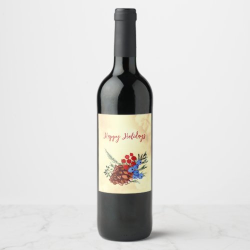Winter Barries Merry Christmas Trees Yellow Red Wine Label