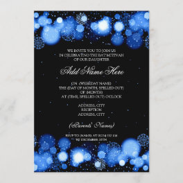 Winter Bat Mitzvah Blue Snowflakes Lights Invitation