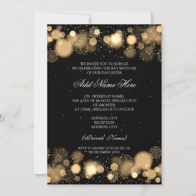 Winter Bat Mitzvah Gold Snowflakes Lights Invitation (Front)