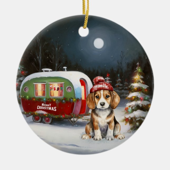Winter Beagle Caravan Christmas Adventure  Ceramic Ornament (Front)