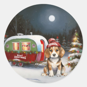 Winter Beagle Caravan Christmas Adventure Classic Round Sticker