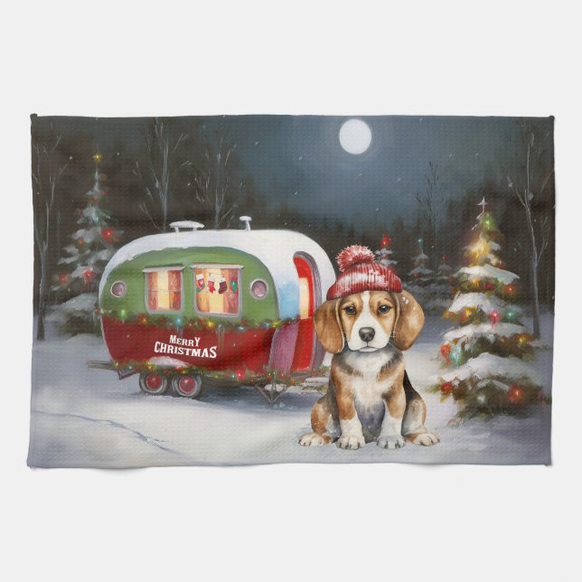 Winter Beagle Caravan Christmas Adventure  Kitchen Towel (Horizontal)